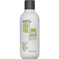 White KMS Add Volume Shampoo bottle, 300ml, with black cap and green text.