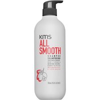 White KMS All Smooth Shampoo bottle, 750ml, with black pump and red text design.