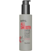 Gray KMS All Smooth Smoothing Lotion bottle, 150ml, with black pump and red text detailing.