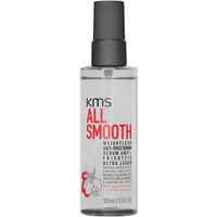 Clear bottle of KMS All Smooth Anti-Frizz Serum, black cap, red and black text, 100ml size.