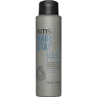 KMS Hairstay Dry Oil Hairspray 150ml, gray bottle with black cap, blue and black text on front.