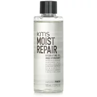 Clear bottle of KMS Moist Repair Hydrating Oil, black cap, bold black text on label, 100ml size.