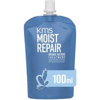KMS Moist Repair Intense Restore Treatment in a blue 100ml pouch with white text and a spout cap.