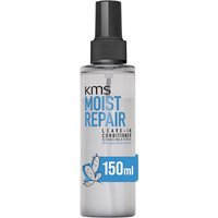 Clear bottle of KMS Moist Repair Leave-In Conditioner, 150ml, with black spray nozzle and blue label accents.