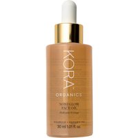 Kora Organics Noni Glow Face Oil 30 ml, amber bottle with gold cap and white dropper.