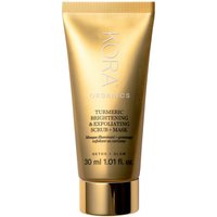 Gold tube of Kora Organics Turmeric Brightening & Exfoliating Mask, 30 ml, with sleek design and white text.