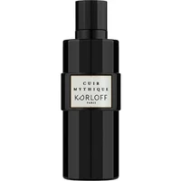 Black cylindrical Korloff Cuir Mythique Eau De Parfum bottle with a square label and sleek cap, 100ml size.