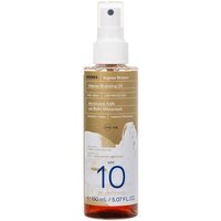 Korres Aegean Bronze Intense Bronzing Oil in a clear spray bottle with white cap, gold label, SPF 10, 150ml.