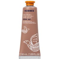 Korres Almond Nut Hand Cream in brown tube with orange cap, featuring white bird illustrations and black text.