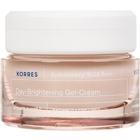 Korres Wild Rose Day-Brightening Gel-Cream in a clear jar with a white lid, featuring elegant white text.