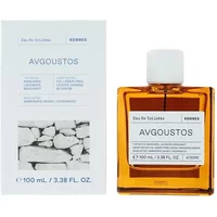 Korres Avgoustos Eau De Toilette 100ml, amber square bottle with white cap, next to matching white box with stone design.