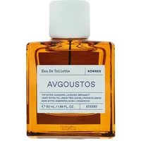 Amber glass bottle of Korres Avgoustos Eau De Toilette with white label and black text, 50ml size.