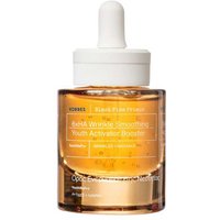Clear glass bottle with white dropper cap, containing amber liquid labeled "Korres Black Pine Prime Booster 30ml".