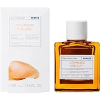 Korres Cashmere Kumquat Eau De Toilette 100ml in a square amber bottle with white label, next to matching box.