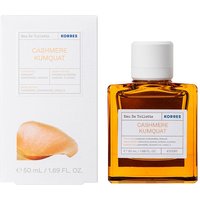 Amber square bottle of Korres Cashmere Kumquat Eau De Toilette, white label, next to matching white box.