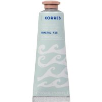 Light blue Korres Coastal Fig hand cream tube with wave design and pink cap.