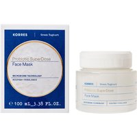 Korres Greek Yoghurt Face Mask, white jar with blue label, 100ml, next to matching blue and white box.