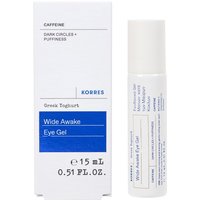 Korres Greek Yoghurt Wide Awake Eye Gel Roller, 15ml, white tube with blue label, next to matching box.