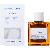 Amber glass bottle of Korres Lefko Eau De Toilette 50ml with white cap and minimalist label design.