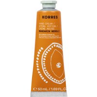 Orange tube of Korres Mandarin Neroli Hand Cream with white cap and circular design.