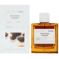 Korres Mountain Pepper Eau De Toilette 100ml, amber square bottle with white cap, next to white box with pepper design.