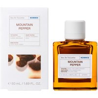 "Amber glass bottle of Korres Mountain Pepper White Tea Eau De Toilette, white cap, next to matching white box"