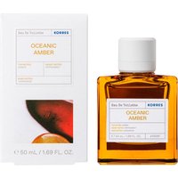 Amber square glass bottle with white cap, labeled "Oceanic Amber White Tea Eau De Toilette" by Korres, 50ml.