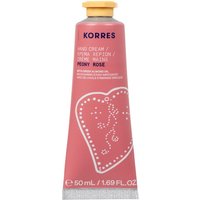 Pink Korres Peony Rose Hand Cream tube with yellow cap and heart design, 50 mL size.
