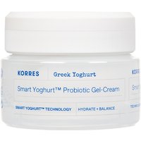 Korres Smart Yoghurt Probiotic Gel-Cream 40ml in a white jar with blue text and Greek Yoghurt branding.