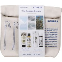 Korres travel kit with olive oil shampoo, aloe conditioner, shower gel, and cream in a beige pouch with blue text.