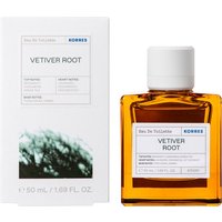 Korres Vetiver White Tea Eau De Toilette 50ml, amber square bottle with white cap, white label with blue accents.