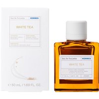Korres White Tea Eau De Toilette 50ml, amber square bottle with white cap, matching white box with gold accents.