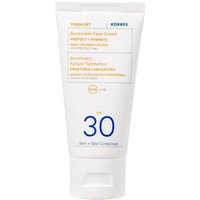 White tube of Korres Yoghurt Face Sunscreen SPF30, 50ml, with blue and yellow text on the front.