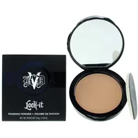 KVD Beauty Lock-It Blotting Powder in Medium, round compact with mirror, black case, gothic logo on lid.