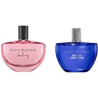 Pink and blue Kylie Minogue perfume bottles, labeled Darling and Disco Darling, with black and silver caps.