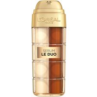 Gold-capped L’Oréal Paris Age Perfect Serum Le Duo 30ml with dual-chamber design in beige and brown.