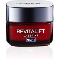 L’Oréal Paris Revitalift Laser X3 night cream in a red jar with a silver lid.