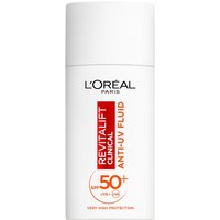 White L’Oréal Paris Revitalift Clinical SPF 50+ bottle with red and orange text, sleek cylindrical design.
