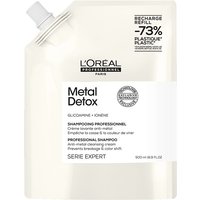 L’Oréal Metal Detox Shampoo Refill Pack, 500ml, cream-colored pouch with black text and spout cap.