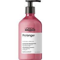 Pink L’Oréal Professionnel Serie Expert Pro Longer Shampoo bottle with pump, 500ml size, white label with black text.