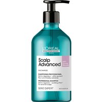 Teal pump bottle of L’Oréal Professionnel Serie Expert Scalp Advanced Anti-Discomfort Shampoo with white label.