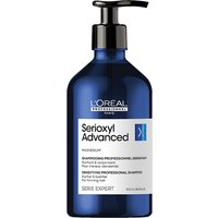Blue L’Oréal Professionnel Serioxyl Advanced bottle with pump dispenser and white label featuring black text.