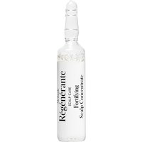 Clear glass ampoule with black text, "La Biosthetique Fortifying Scalp Concentrate," elegant and sleek design.