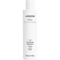 White La Biosthetique Fortifying Shampoo bottle, 250ml, with black text and minimalist design.
