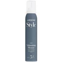 Dark blue La Biosthetique Volumising Mousse bottle with white cap, 200ml, sleek design with white text.