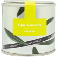 La Chinata Fig Scented Candle 175g in a round tin with green leaf design and bright yellow label.