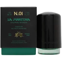 Black and green La Martina Alpha Woods Intense Eau De Cologne 40ml bottle with matching cap and gold accents.
