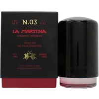 Black La Martina Nude Amber Intense Eau De Cologne 80ml bottle with red and gold accents, next to matching box.