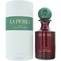 La Perla Just Give Me Roses Eau De Parfum 120ml, burgundy bottle with green spherical cap, white and green box.