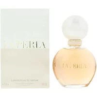 La Perla Luminous Eau De Parfum 90ml, round glass bottle with gold cap, pale amber liquid, next to white box.